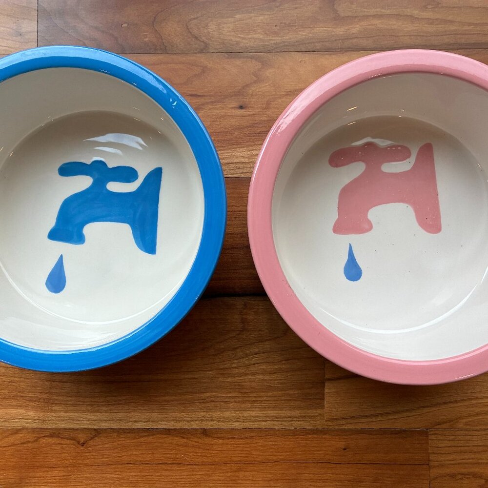 Set of pink/blue ceramic water bowls by Melia.